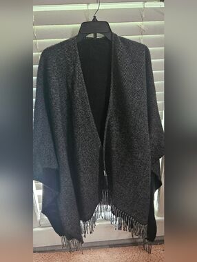 Terra Di Siena Black Herringbone Women's ShawlWrap One Size Made In Italy Fringe